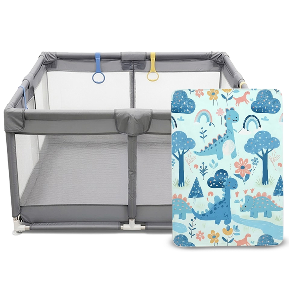 Star Babies - Baby Playpen With 4 Pull-Up Rings & Reusable Play Mattress Set - Multicolor - 2 Pcs