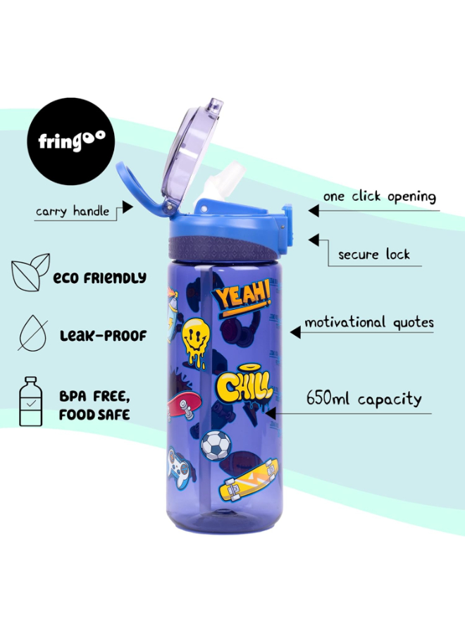 Fringoo - Locked Straw Bottle 650ml - Navy Doodles