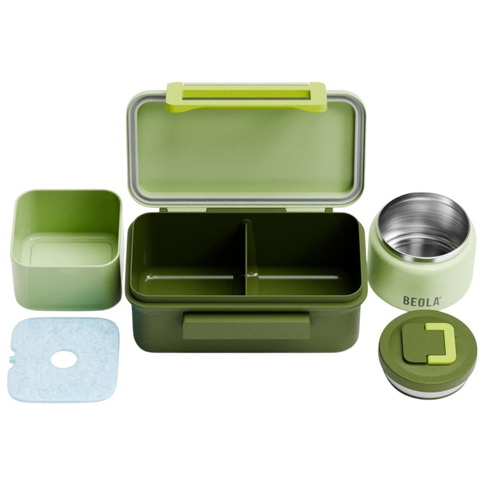 Beola - 2-Compartment Lunch Box With Food Jar And Ice Pack - Dino Green