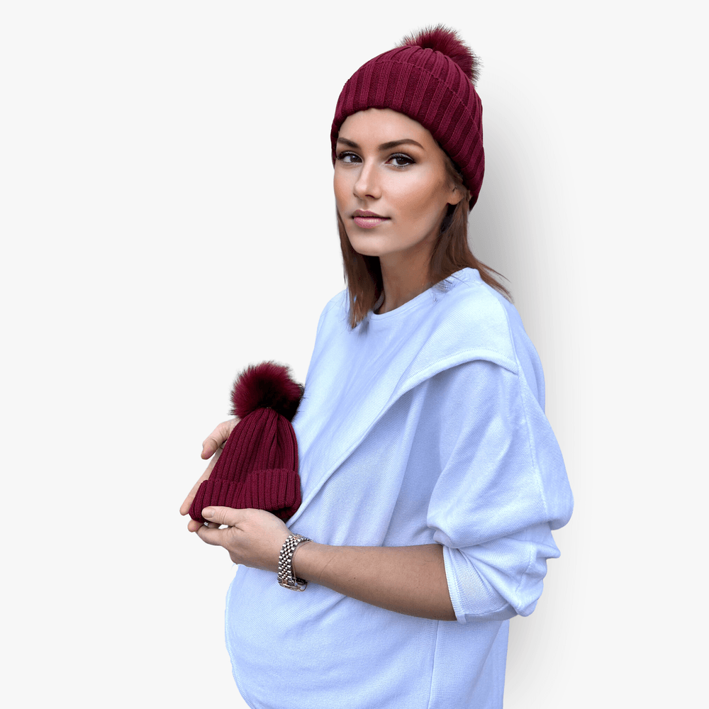Accouchee - Mom And Me Beanie Set - Burgundy - 2 Pcs