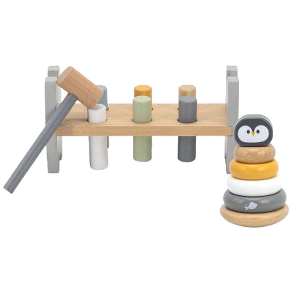 PolarB - Penguin Stacker and Pounding Bench 2-in-1 Wooden Baby Toy