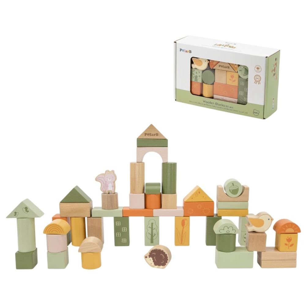 PolarB - Wooden Blocks Set - 50pcs - Green Forest Theme Educational Toy