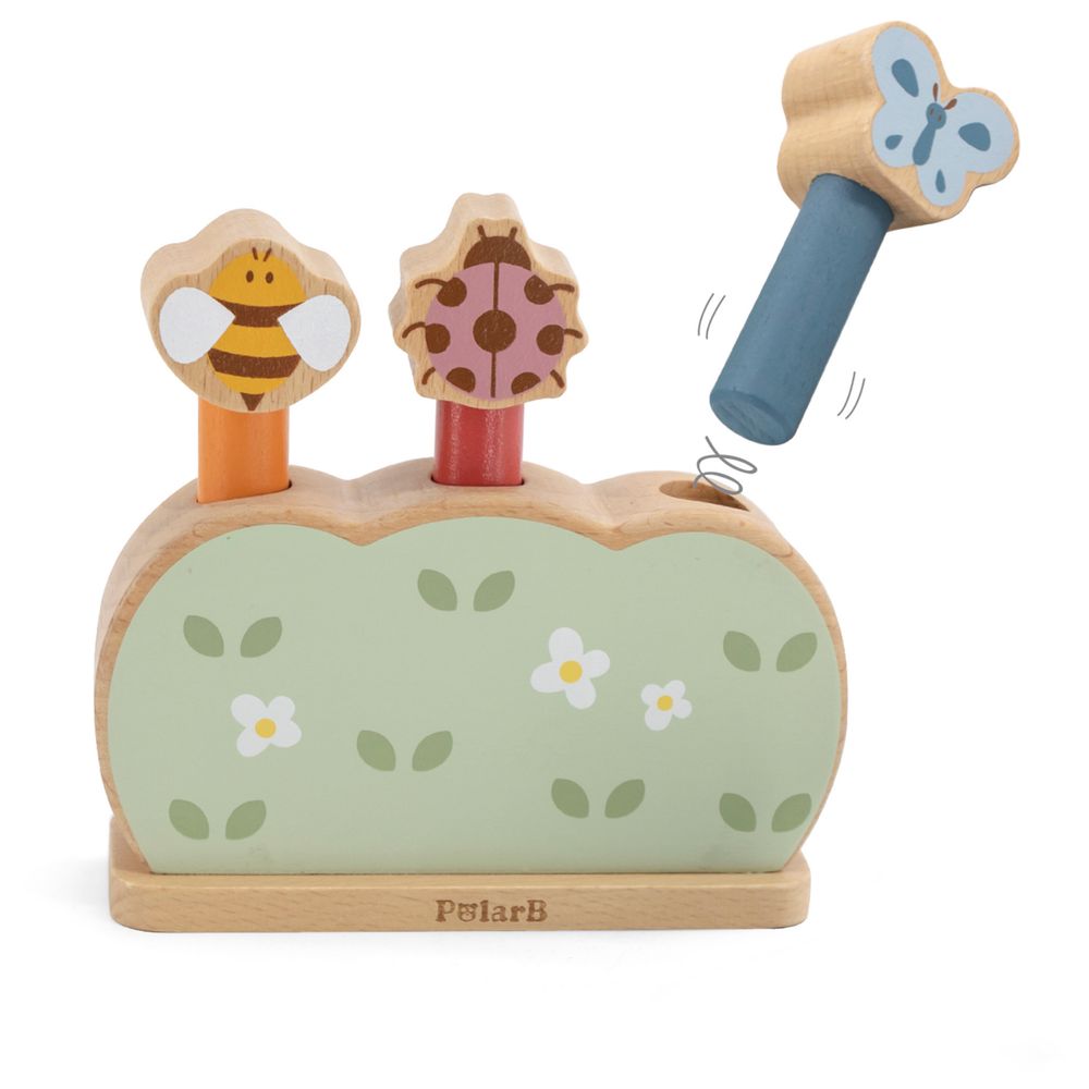 PolarB - Wooden Pop-Up Garden Toy Jumping Animal Peg Game Fine Motor Skills