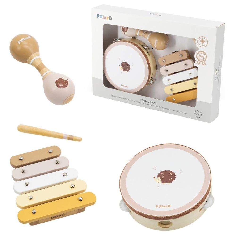 PolarB - Hedgehog Wooden Music Set w Tambourine Maracas Xylophone
