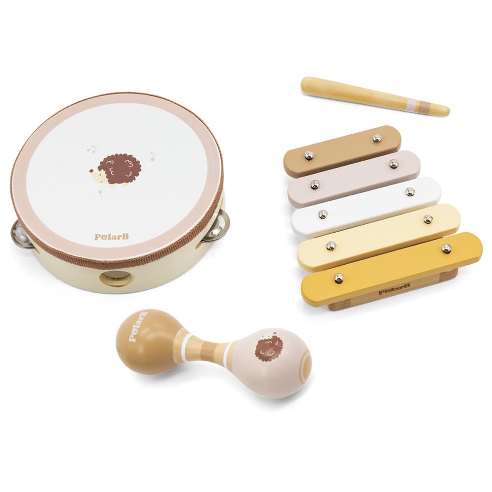 PolarB - Hedgehog Wooden Music Set w Tambourine Maracas Xylophone