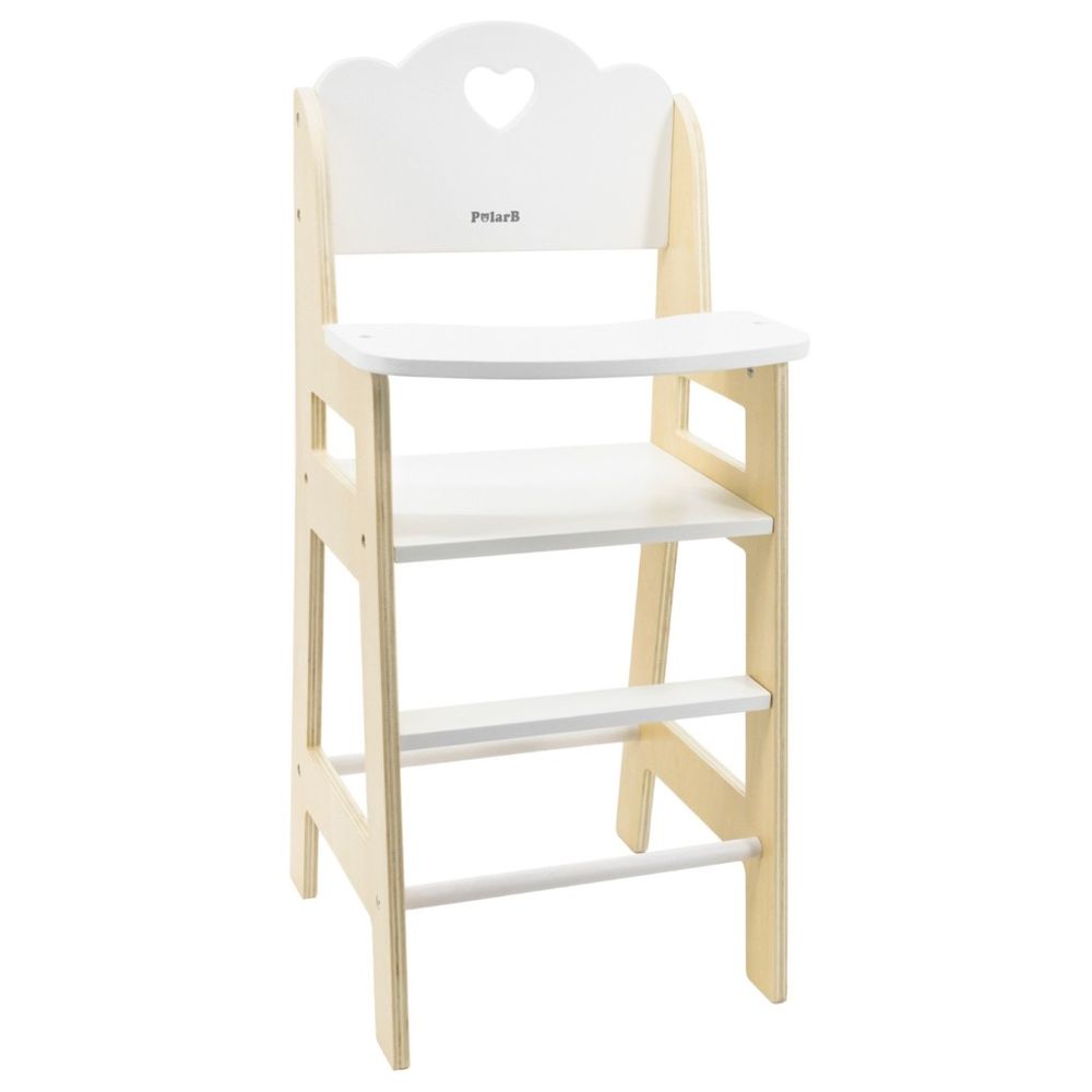 PolarB - Wooden Doll Feeding High Chair Fits Dolls Up to 38cm Role Play Solid Wood