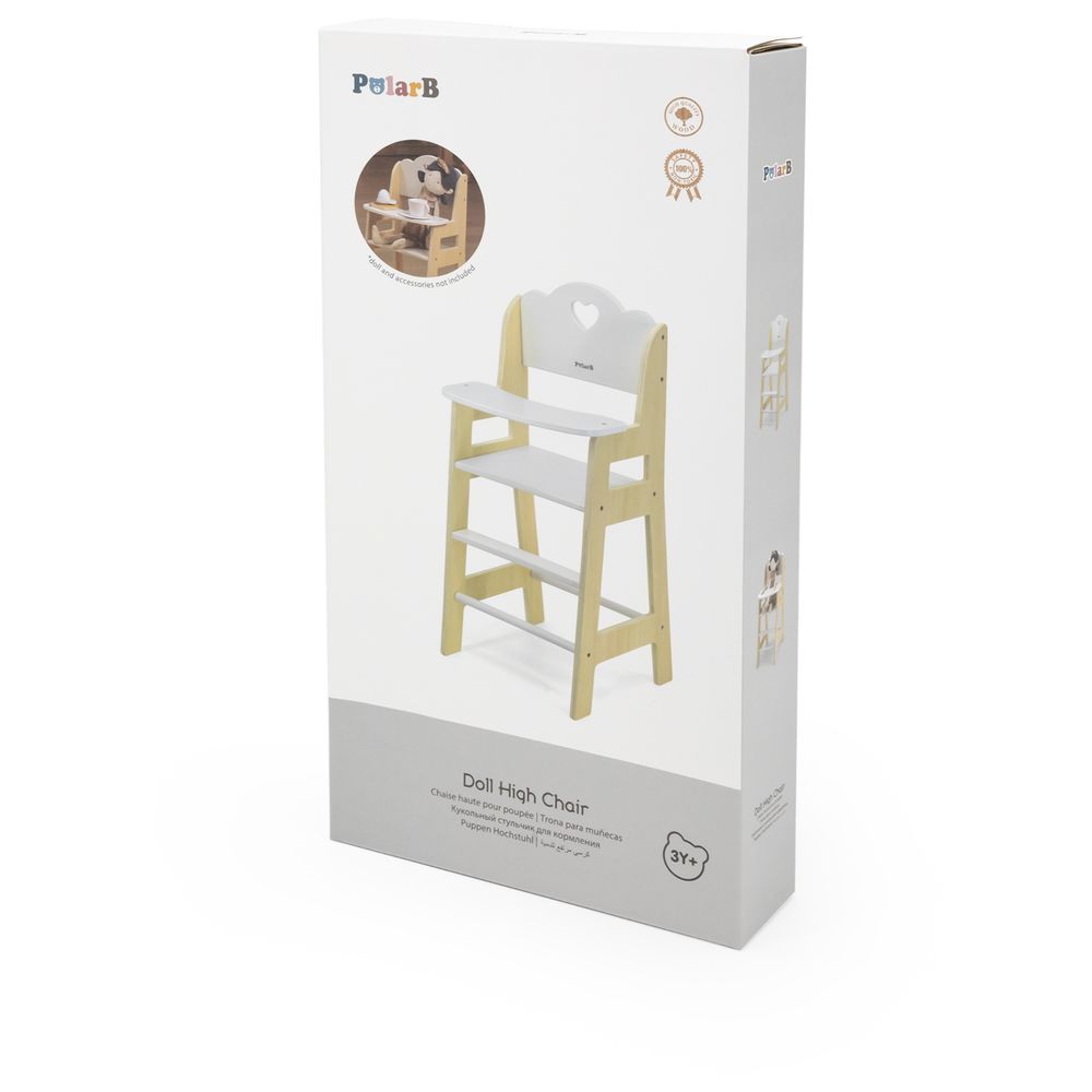 PolarB - Wooden Doll Feeding High Chair Fits Dolls Up to 38cm Role Play Solid Wood