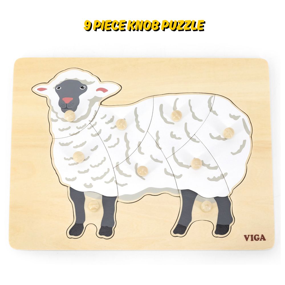 Viga - Sheep Farm Animals - 9pcs Knob Puzzle Montessori Wooden Toy Develops Skills