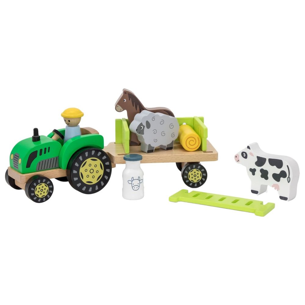 Viga - Farm Tractor Wooden Toy w Animals & Trailer Roleplay Set