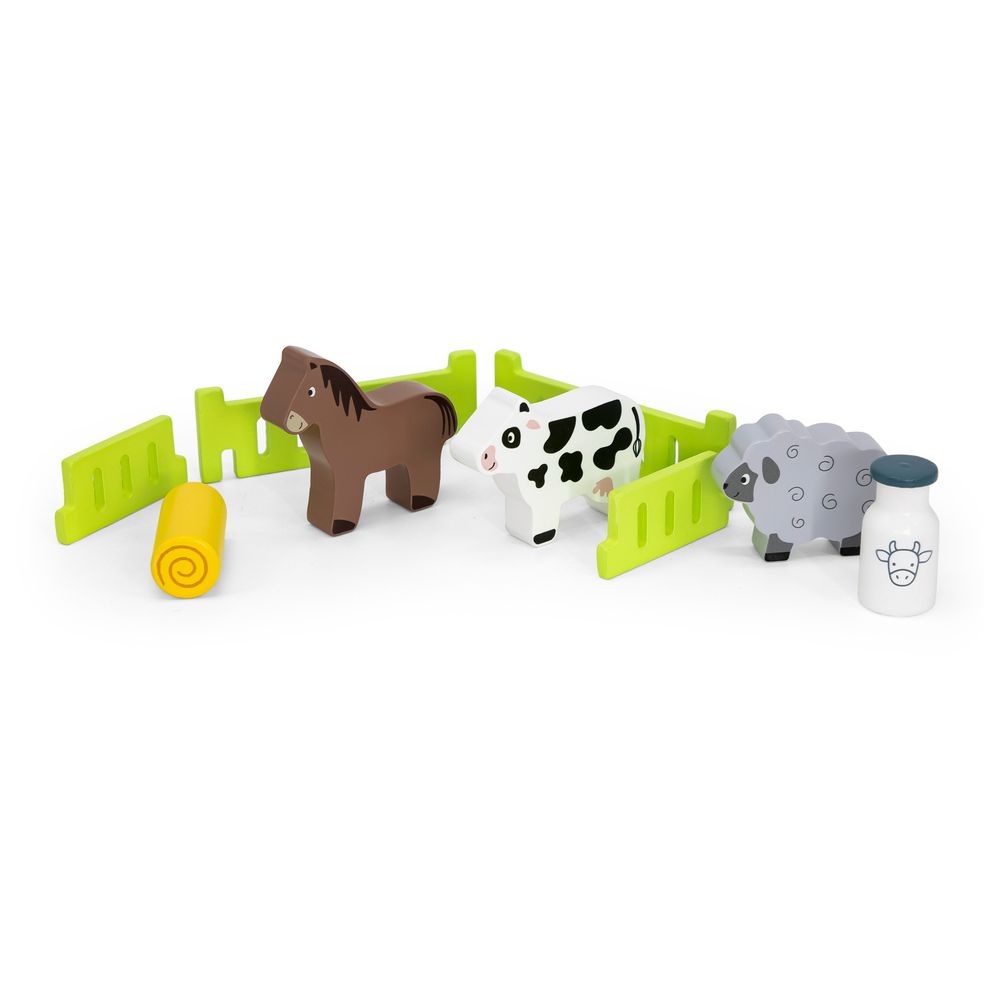 Viga - Farm Tractor Wooden Toy w Animals & Trailer Roleplay Set