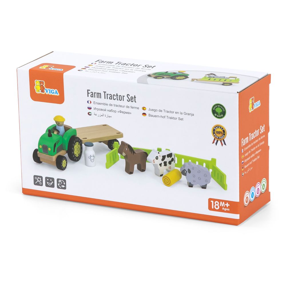 Viga - Farm Tractor Wooden Toy w Animals & Trailer Roleplay Set