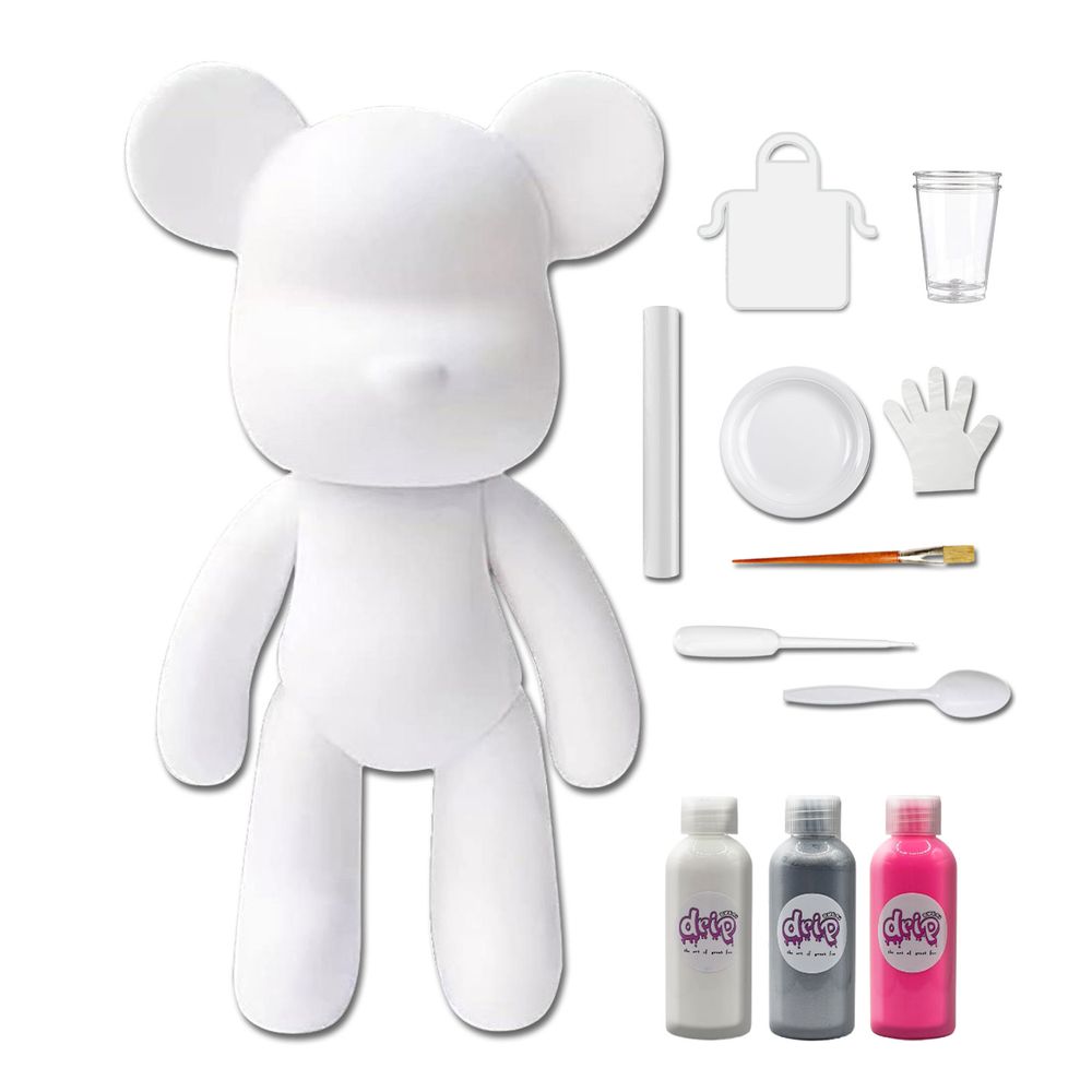 Dubai Drip Art - DIY Fluid Paint Bear Complete Kit - 23 cm - White, Silver, Fluorescent-Pink