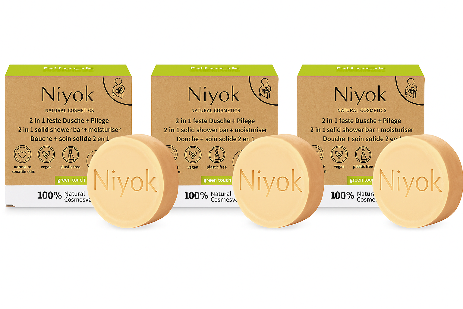 Niyok - 2-In-1 Solid Shower Bar And Moisturiser - Green Touch - Pack of 3 - 80 gm