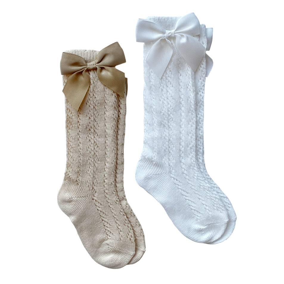 Baby Boss Knee High Cotton Bow Socks Beige/White - 2 Pcs