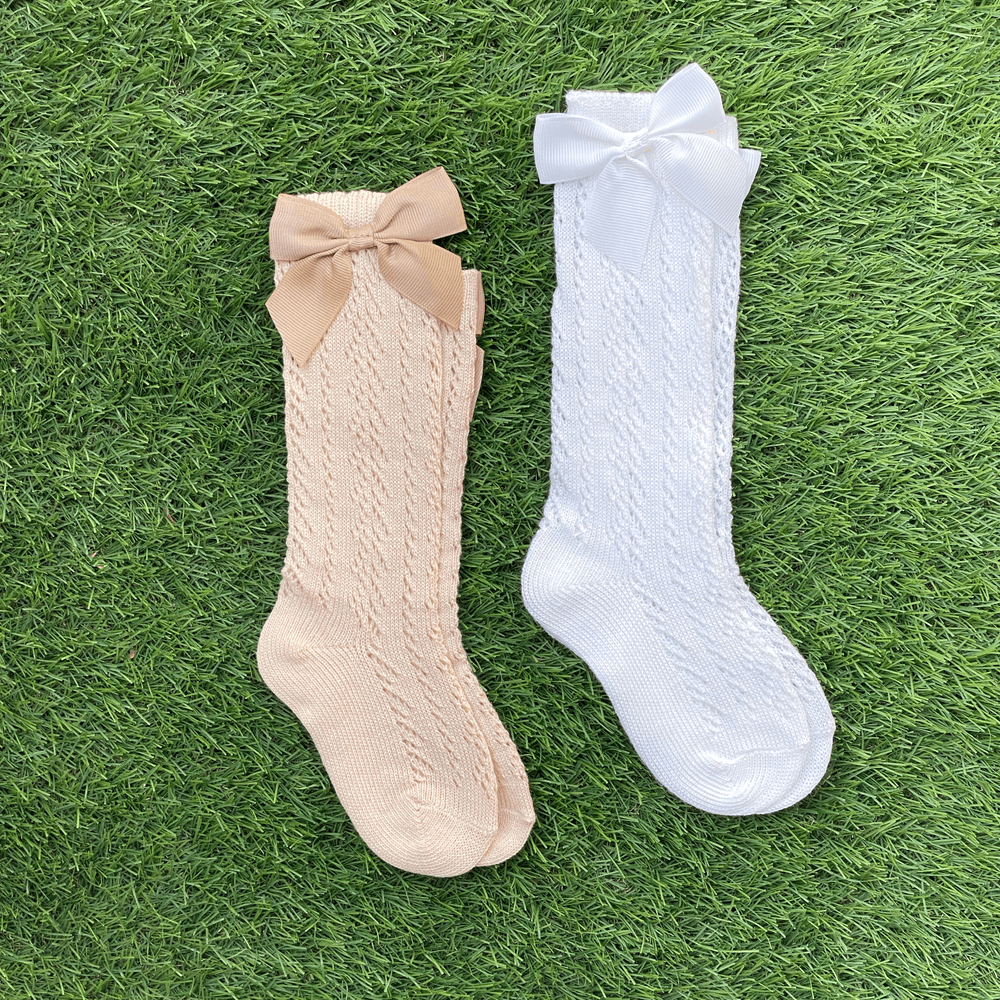 Baby Boss Knee High Cotton Bow Socks Beige/White - 2 Pcs