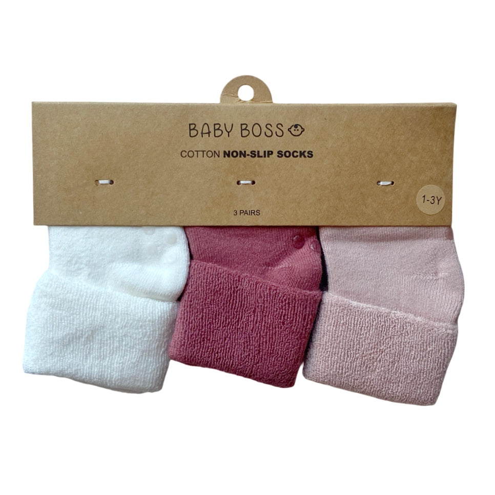 Baby Boss Cotton Non-Slip Socks White/Fuschia/Pink - 3 Pcs