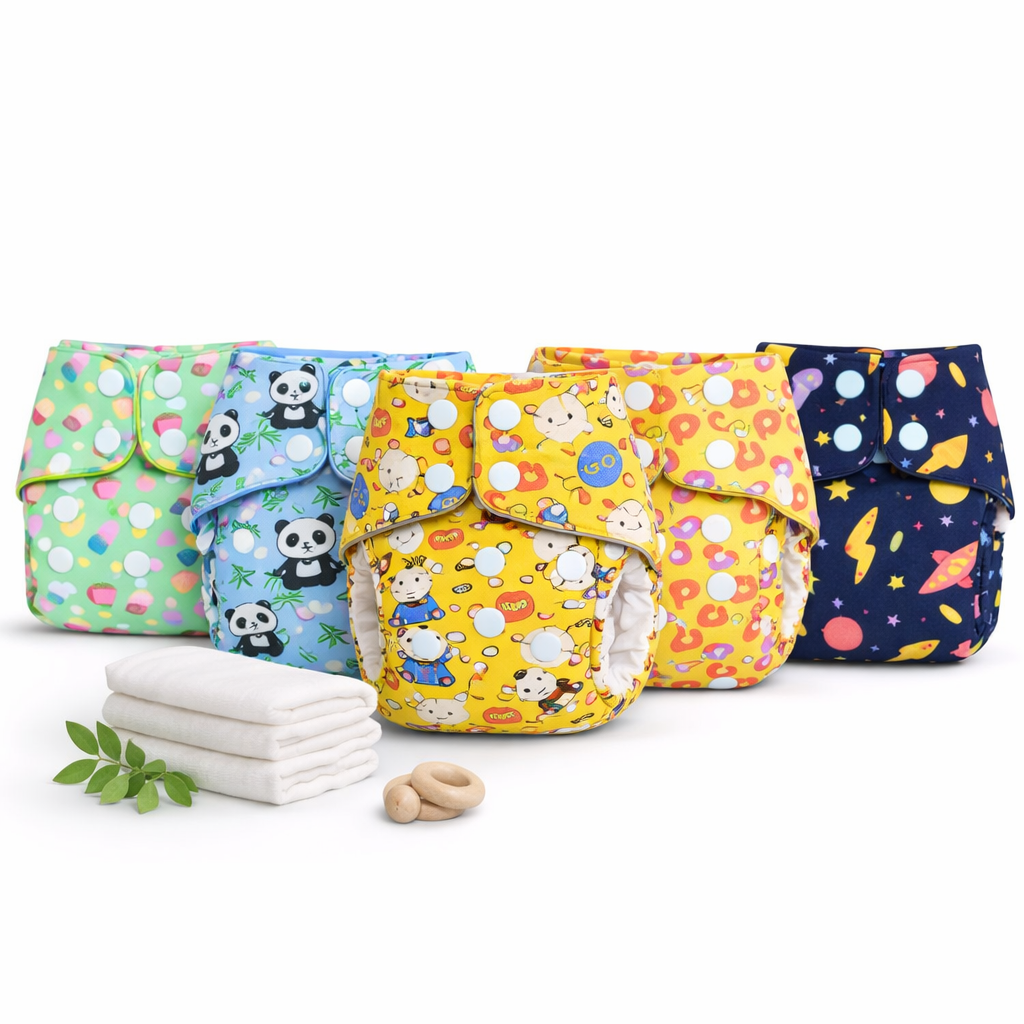 Tummy - Leakage-Proof Washable Cloth Diapers, High-Absorbent Cotton - Combo Pack (5 Diapers + 5 Inserts)