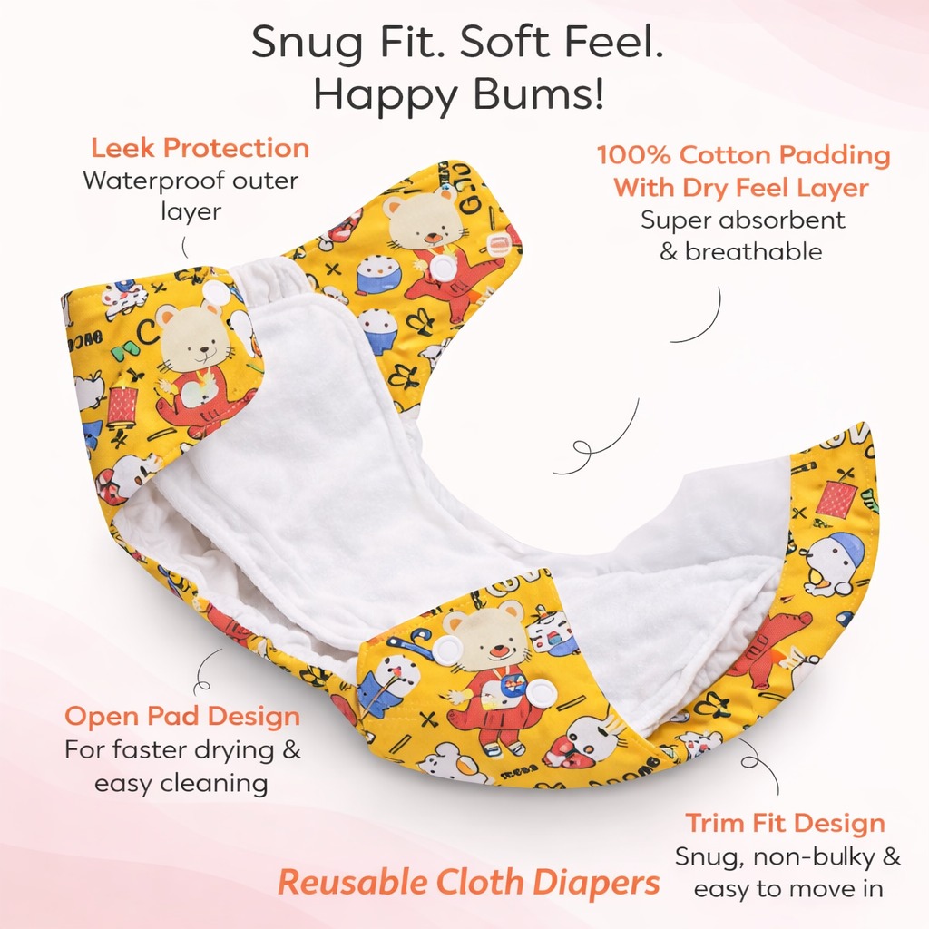  Leakage-proof advanced cloth diapers for babies, High Absorbent 100% cotton 5 reusable diaper and 5 insert pad Combo Pack washable cloth diaper