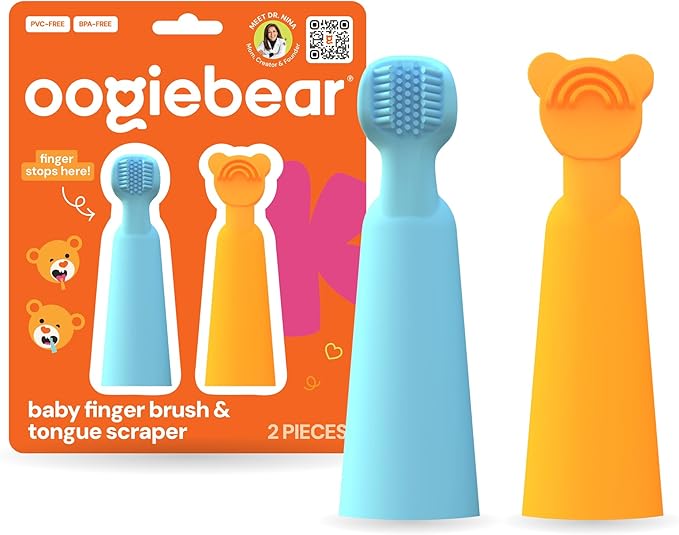 Oogiebear - Baby Silicon Finger Brush & Tongue Scraper - Blue/Orange