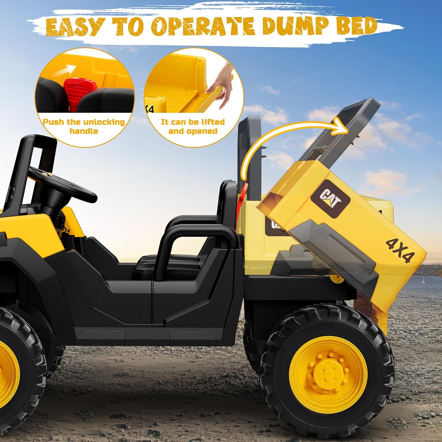 Amsham Caterpillar Electric Ride-On 4WD Dump Truck - Yellow
