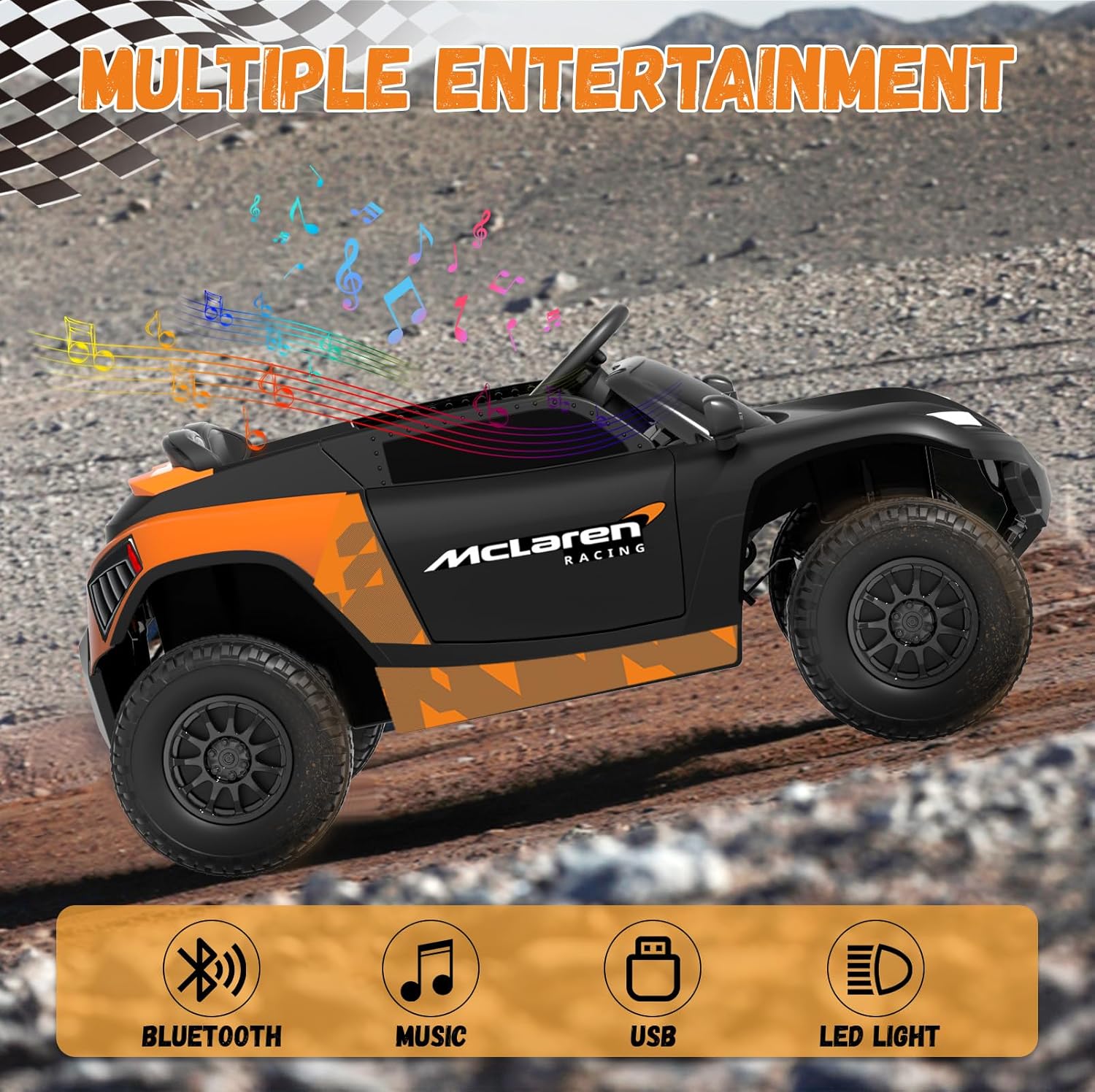 McLaren - Kids Racing Ride On Car With Remote Control - Black/Orange
