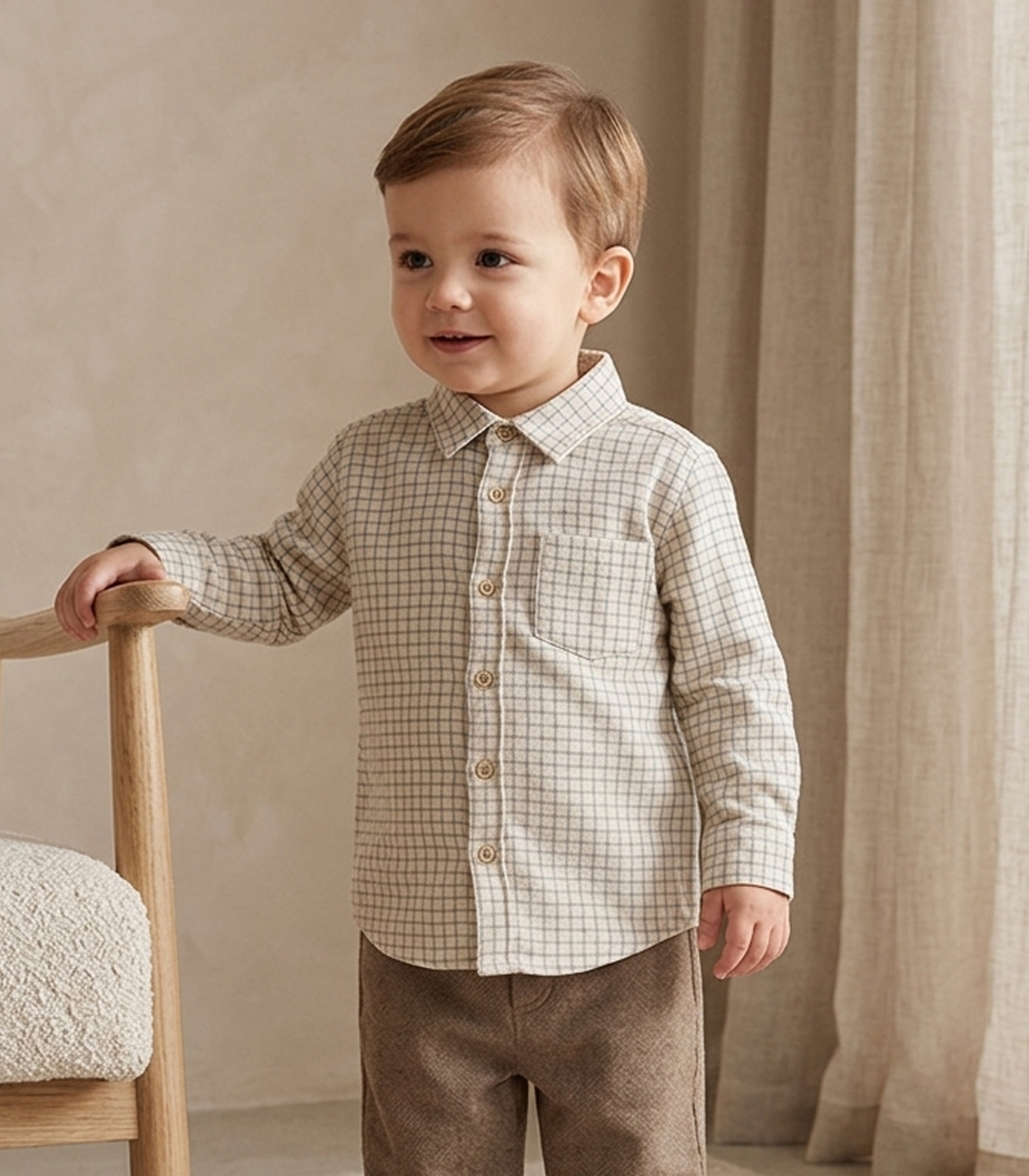 Jules & Juliette - Baby Boy's Achille Checked Long Sleeves Shirt - Beige