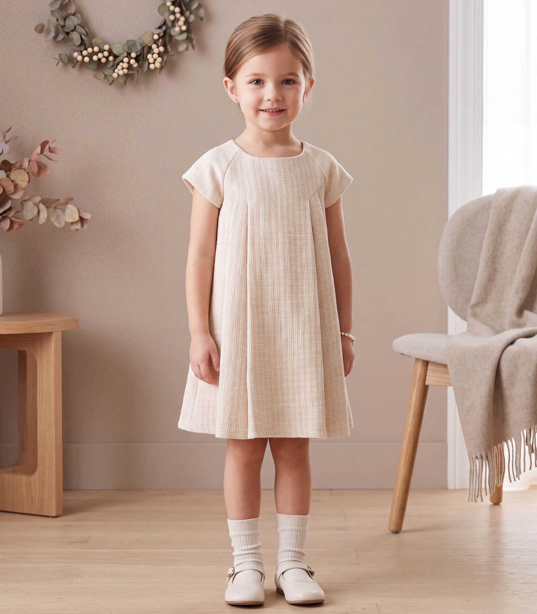 Jules & Juliette - Baby Girl's Rose Tweed Cap Sleeves Dress - Light Beige