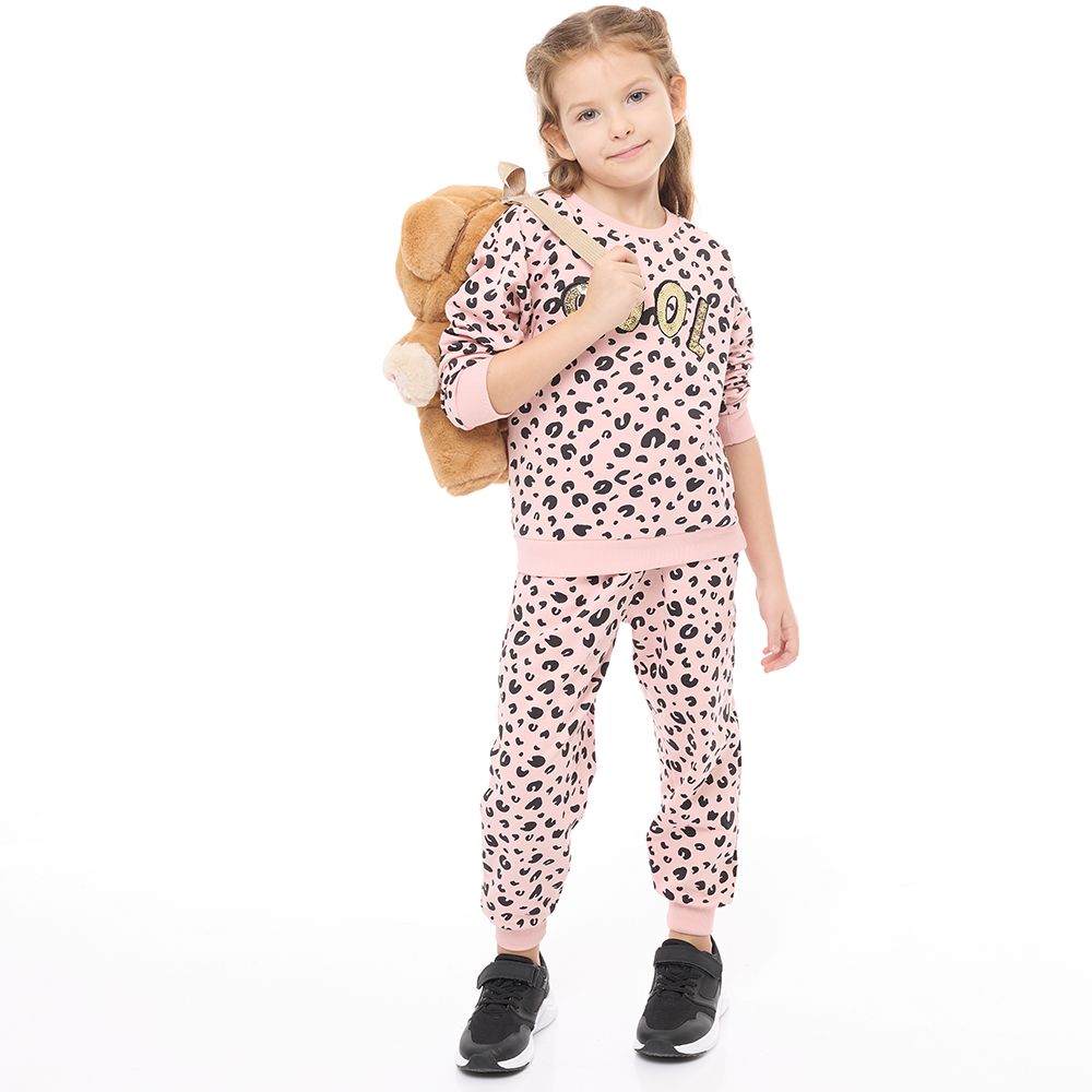 Victor And Jane - 2pc-Set - Girl's Leopard Printed Long Sleeves Sweat Top & Joggers - Pink