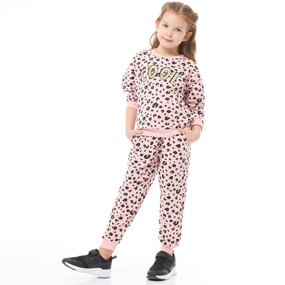 Victor And Jane - 2pc-Set - Girl's Leopard Printed Long Sleeves Sweat Top & Joggers - Pink
