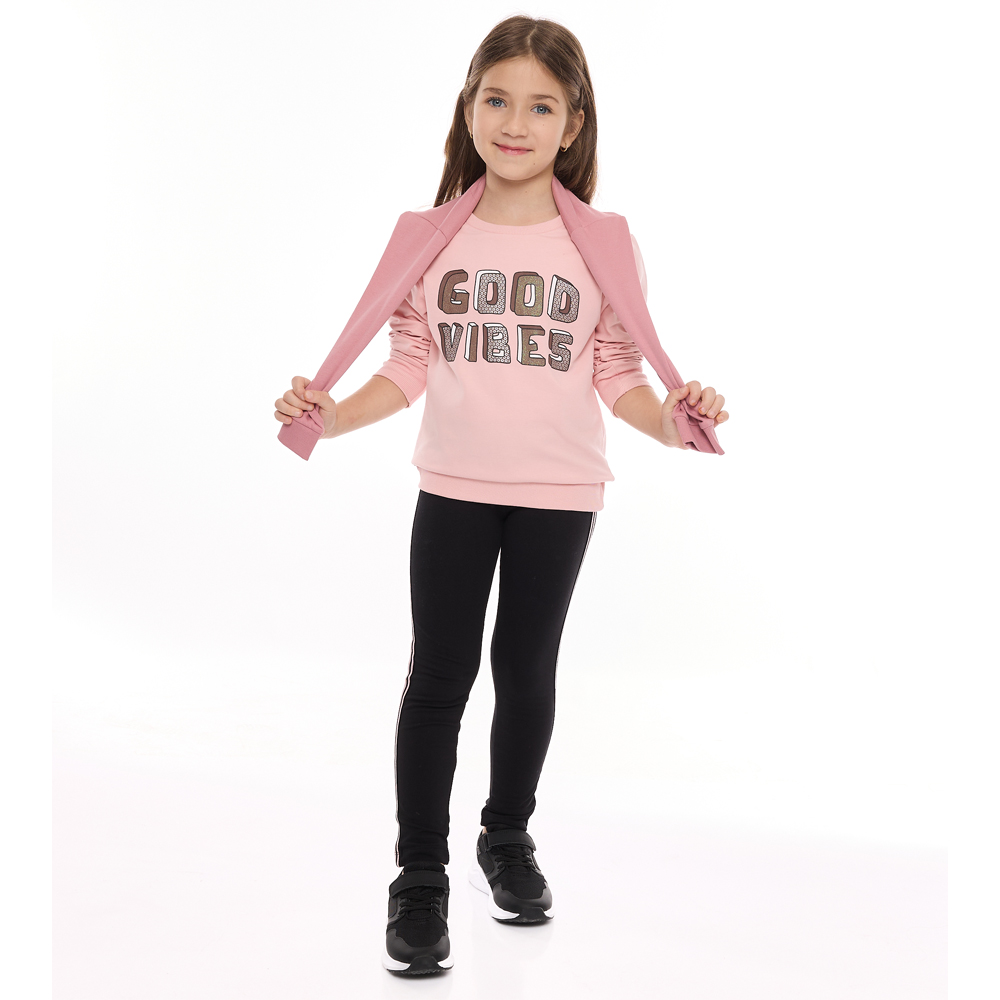 Victor And Jane - 2pc-Set - Girl's Good Vibes Printed Sweat Top & Leggings - Pink/Black