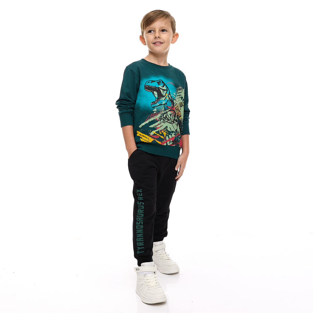 Victor And Jane - 2pc-Set - Boy's T-Rex Printed Cotton Sweatshirt & Joggers - Dark Green/Black