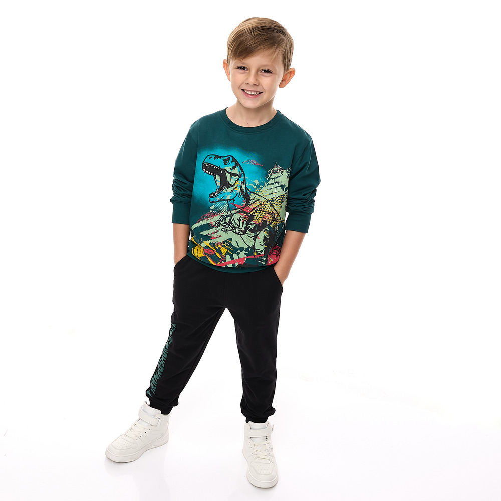 Victor And Jane - 2pc-Set - Boy's T-Rex Printed Cotton Sweatshirt & Joggers - Dark Green/Black