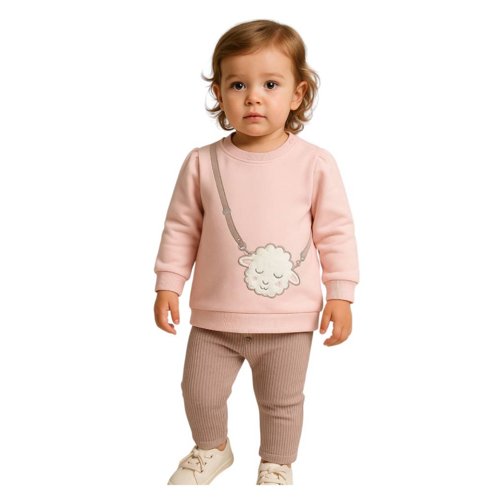 Dirkje - 2pc-Set - Girl's 3D Sheep Appliqued Sweatshirt & Leggings - Peach/Beige