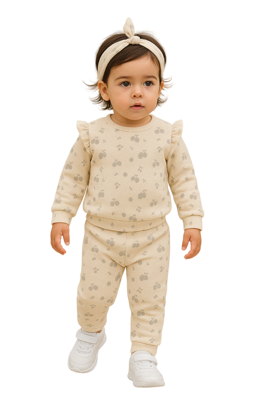 Dirkje - 3pc-Set - Baby Girl's Fruit Motifs Printed Sweatshirt, Joggers & Headband - Beige