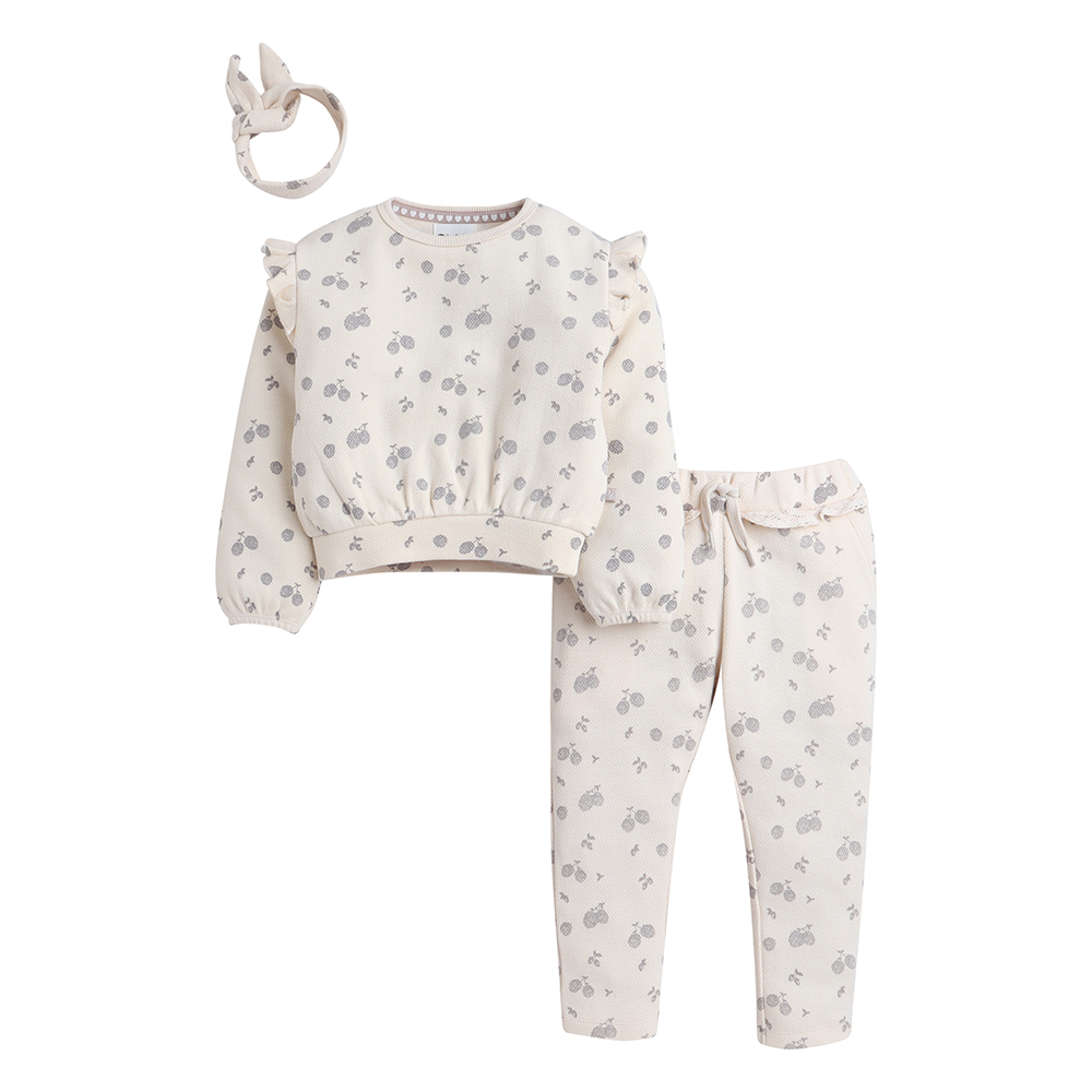 Dirkje - 3pc-Set - Baby Girl's Fruit Motifs Printed Sweatshirt, Joggers & Headband - Beige