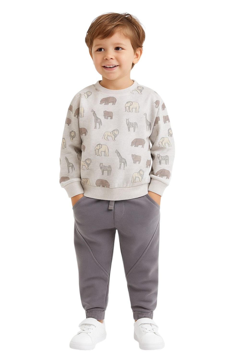Dirkje - 2pc-Set - Boy's Safari Printed Fleece Sweatshirt & Joggers - Sand/Heather Grey