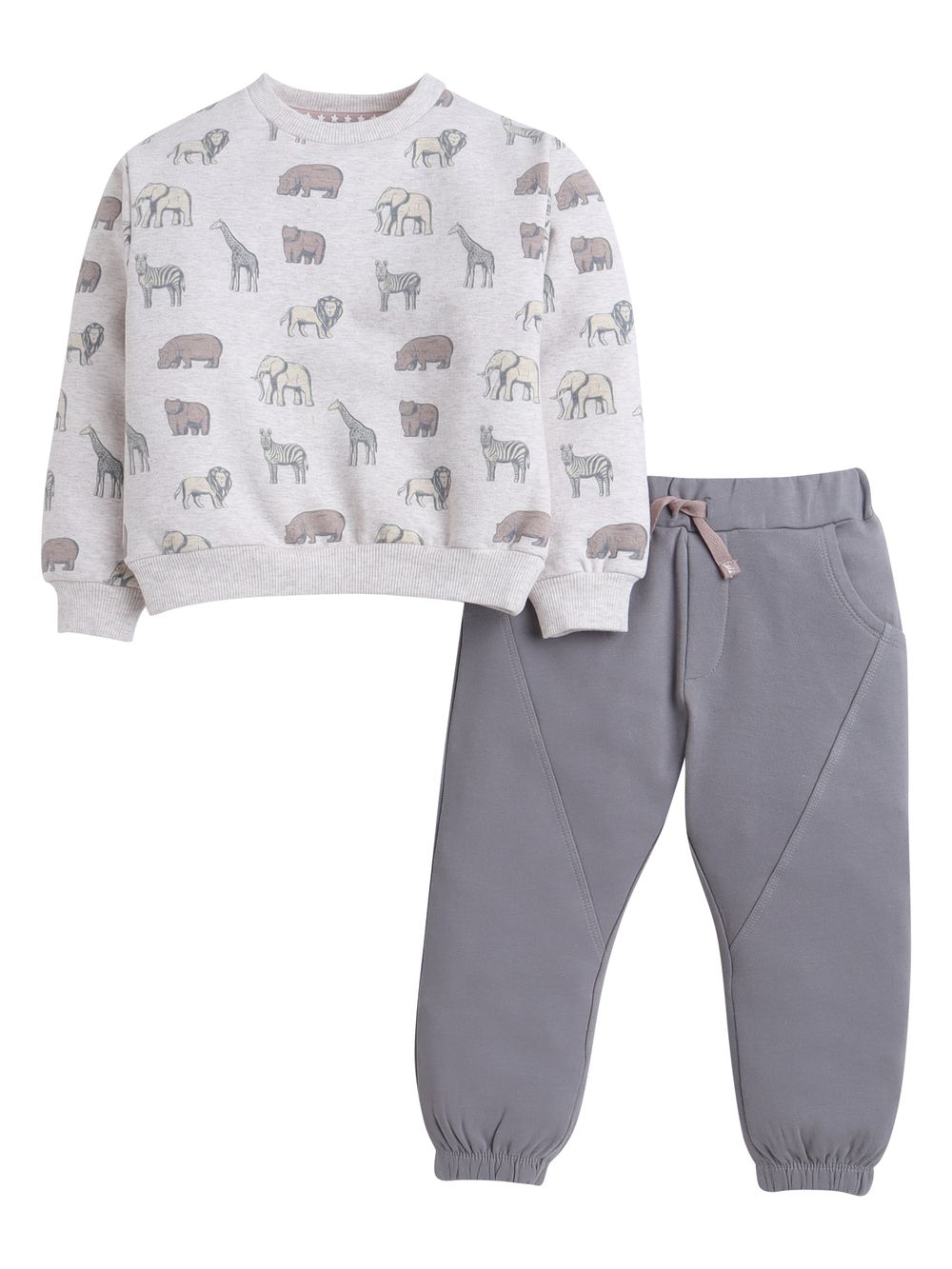 Dirkje - 2pc-Set - Boy's Safari Printed Fleece Sweatshirt & Joggers - Sand/Heather Grey