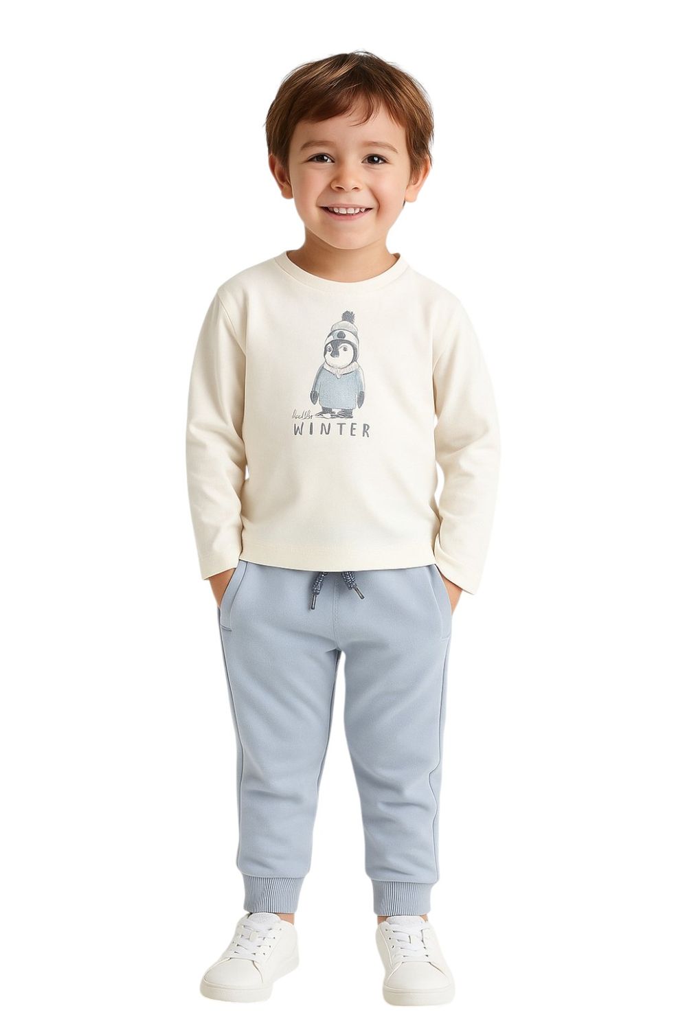 Dirkje - 2pc-Set - Boy's Hello Winter Penguin Printed Tee & Joggers - Off-White/Light Grey