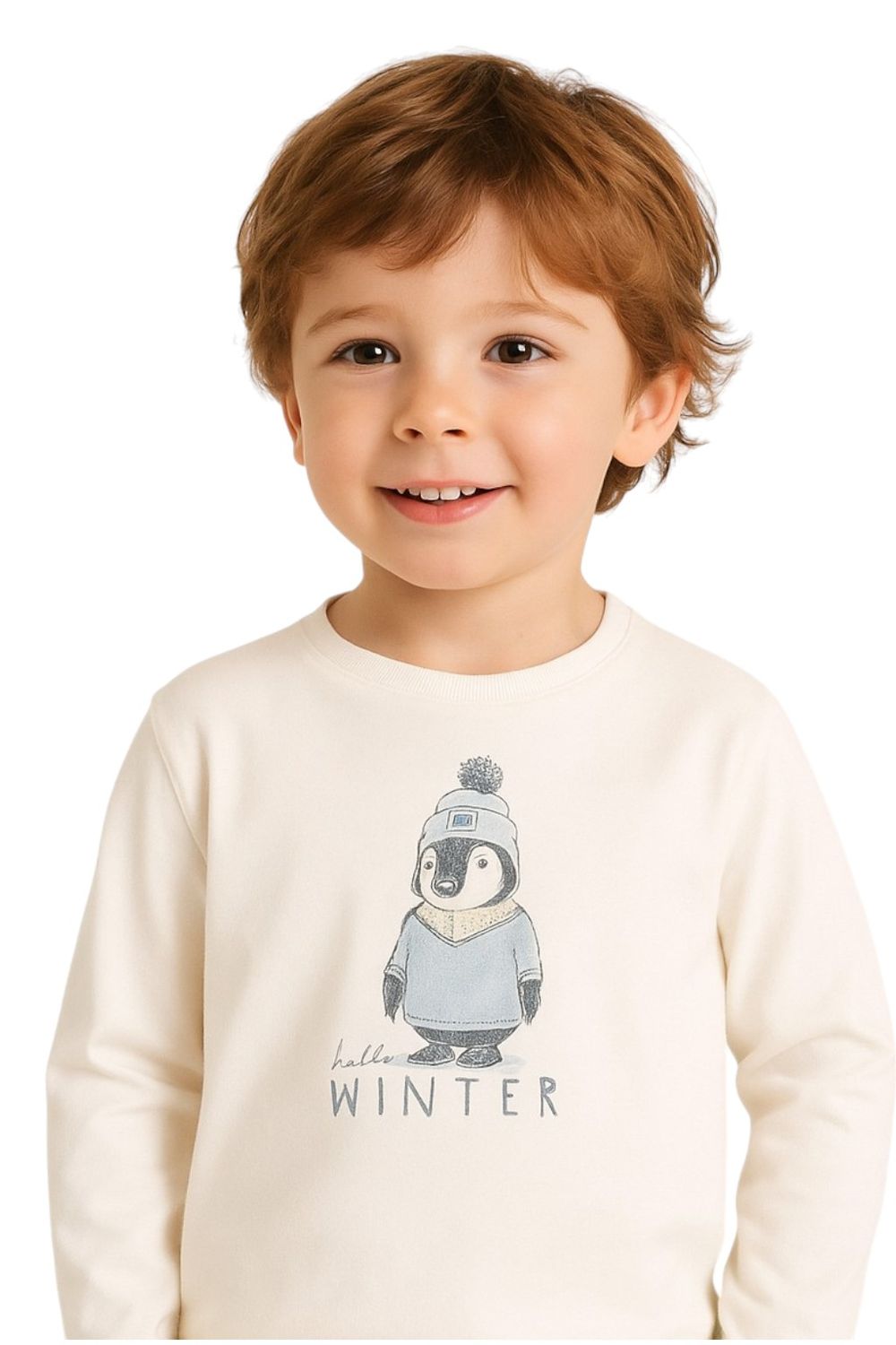 Dirkje - 2pc-Set - Boy's Hello Winter Penguin Printed Tee & Joggers - Off-White/Light Grey
