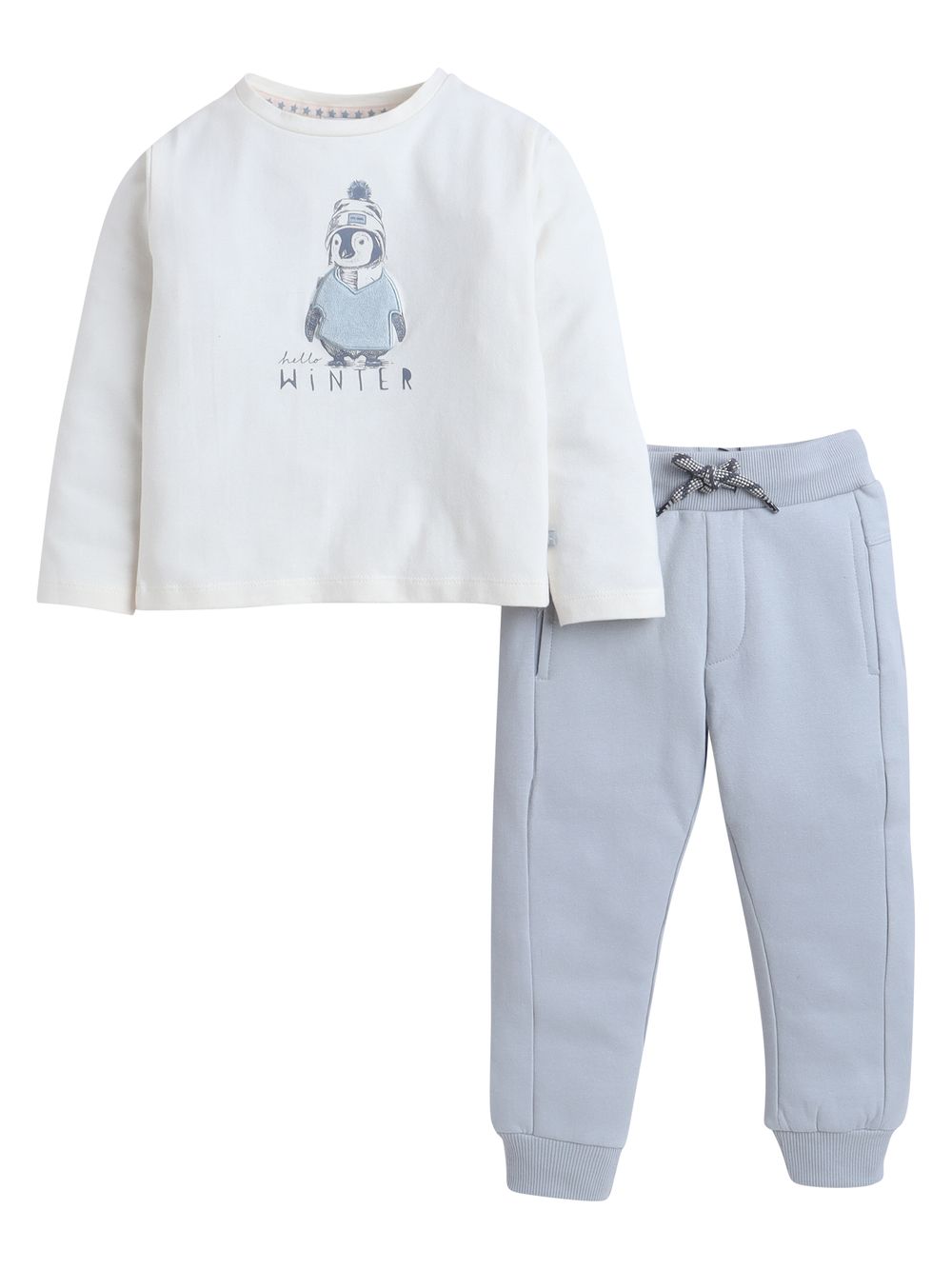 Dirkje - 2pc-Set - Boy's Hello Winter Penguin Printed Tee & Joggers - Off-White/Light Grey