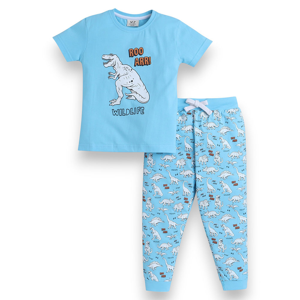 Victor and Jane Boy's Wildlife Printed T-Shirt and Long Pants Sky - Blue - 2 Pcs