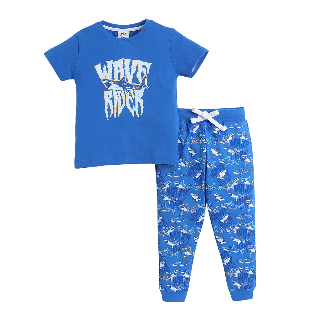 Victor and Jane Boy's Wave Rider Printed T-Shirt and Long Pants - Blue - 2 Pcs