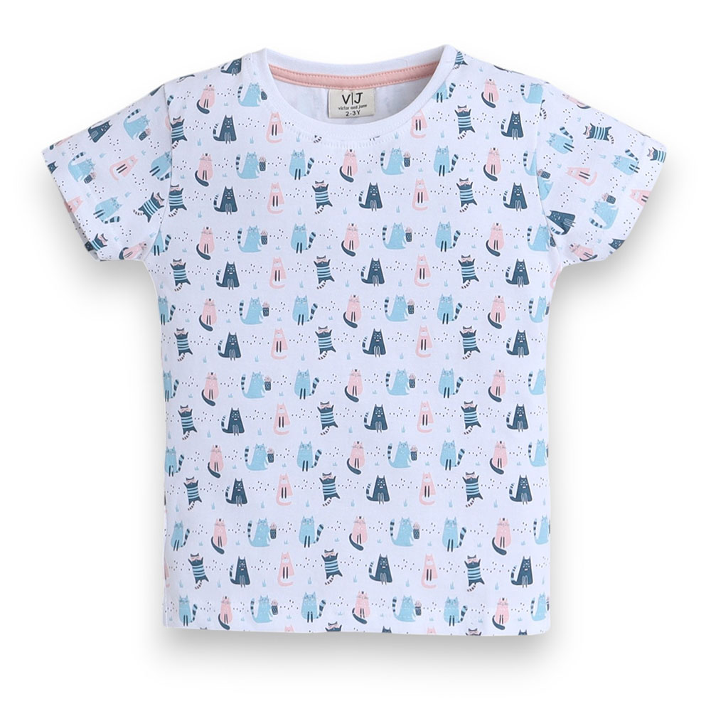 Victor and Jane Girl's All-over Cats Printed Pyjama Set - Multicolor