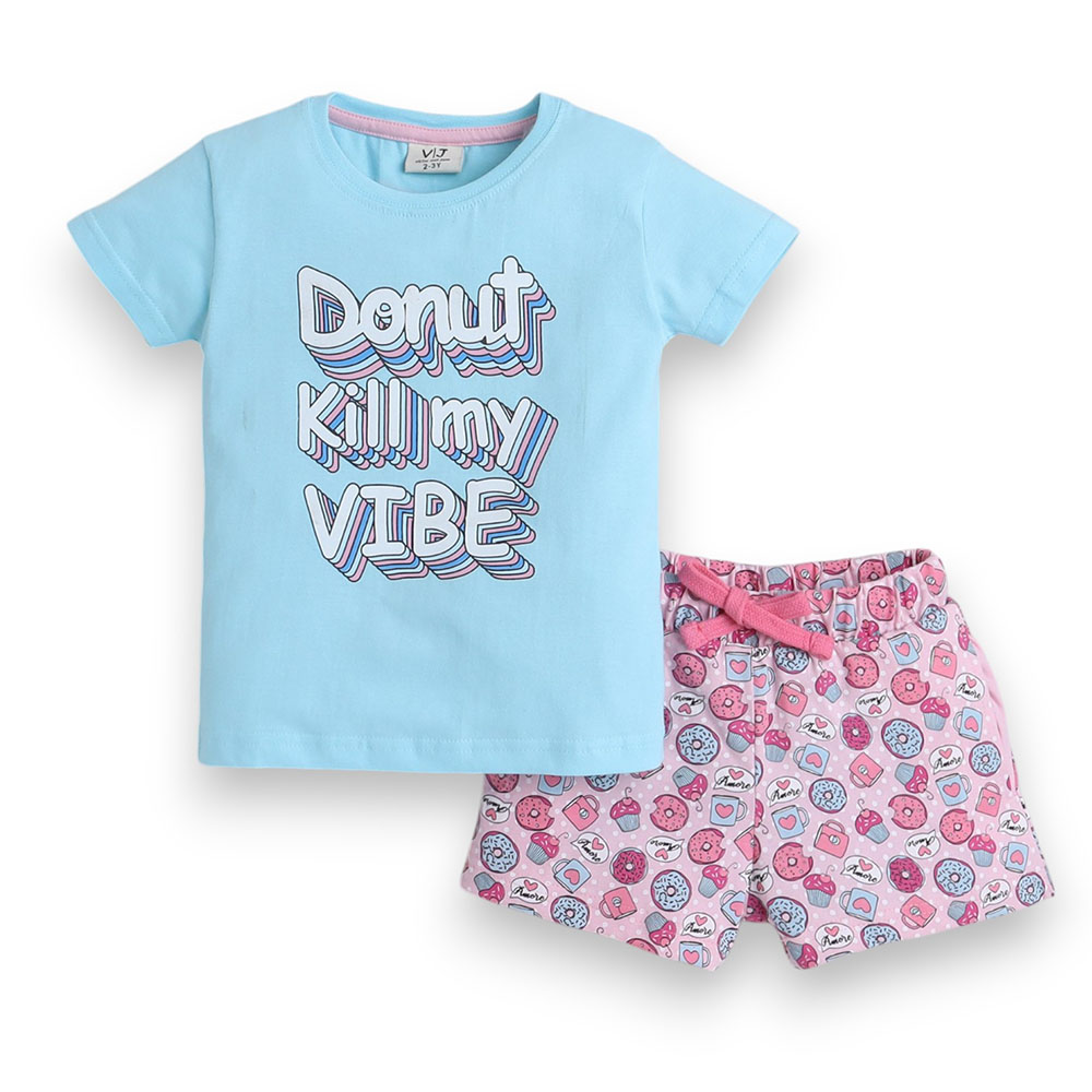 Victor and Jane Girl's Printed T-Shirt and Shorts Blue/Pink - 2 Pcs