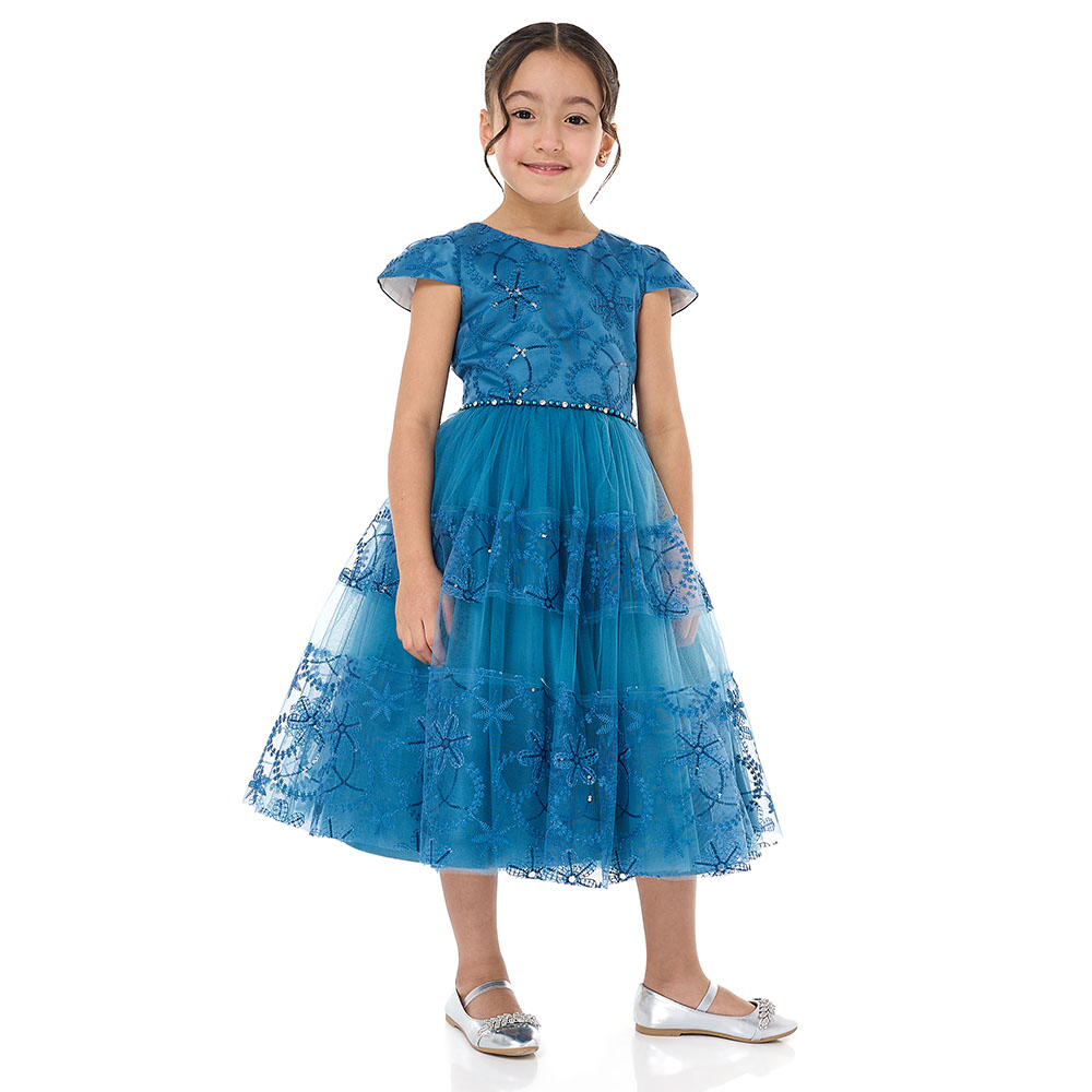 Victor and Jane Girl's Elegant Tulle Dress with Lace and Sequins - Blue