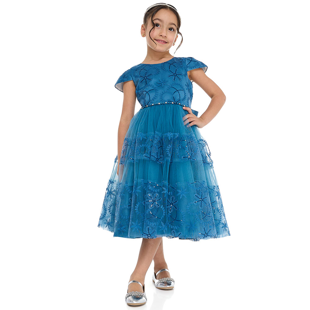Victor and Jane Girl's Elegant Tulle Dress with Lace and Sequins - Blue