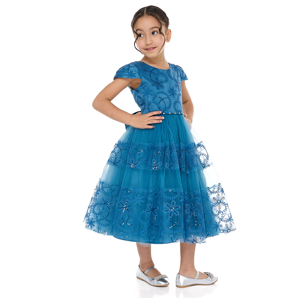 Victor and Jane Girl's Elegant Tulle Dress with Lace and Sequins - Blue