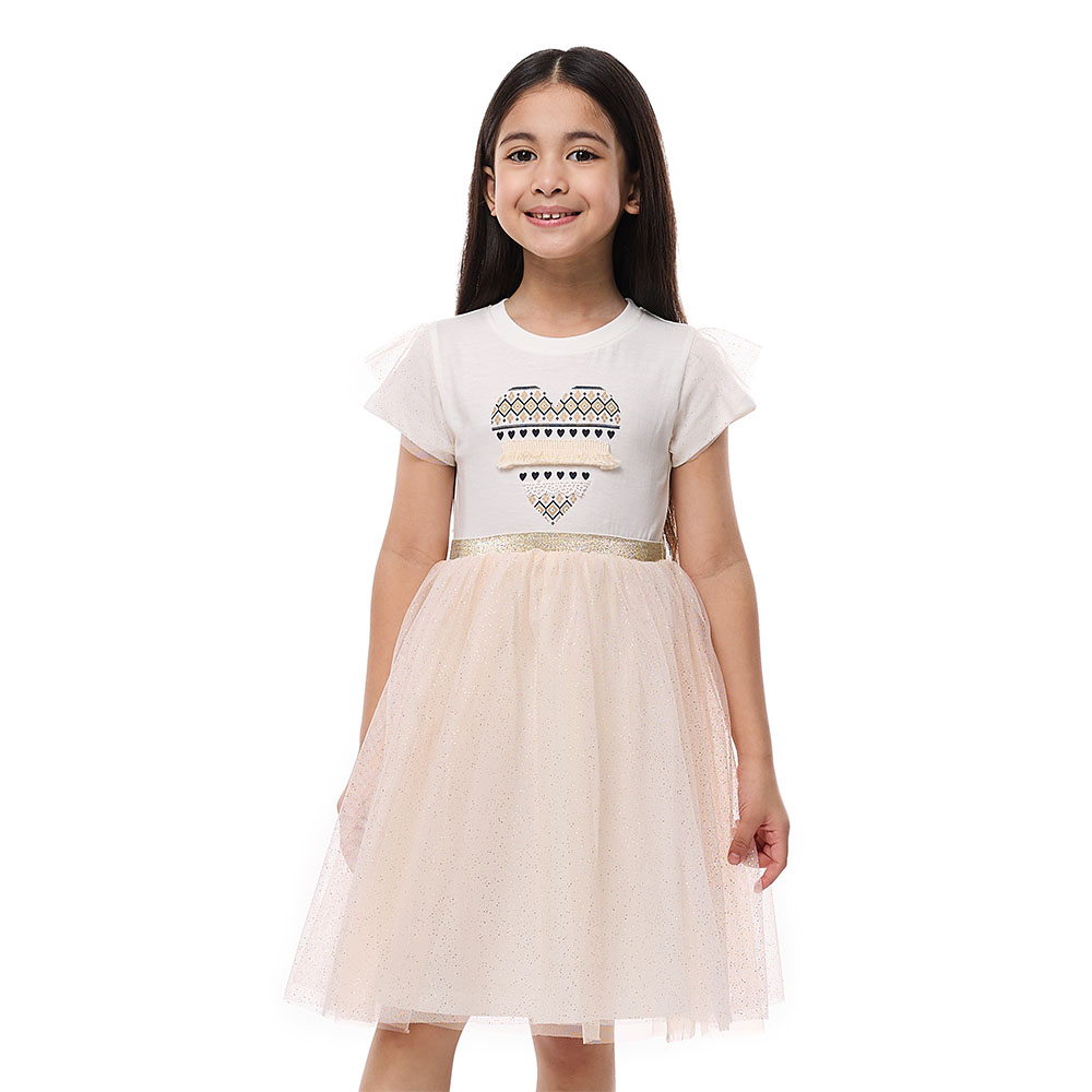 Victor and Jane Girl's Ruffle Sleeve Mesh Flounce Party Dress - Off White/Beige