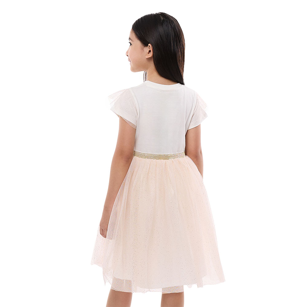 Victor and Jane Girl's Ruffle Sleeve Mesh Flounce Party Dress - Off White/Beige