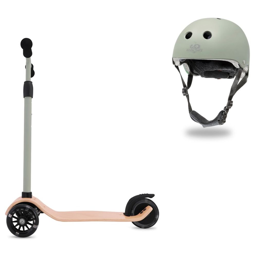 Kinderfeets - Wooden Kinder Scooter With Helmet - Matte Silver/Sage